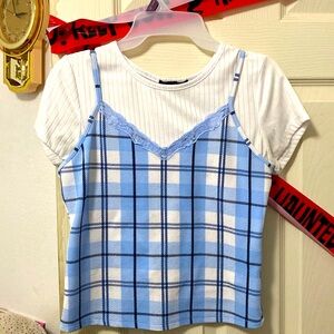 Almost famous brand large girls white light dark blue plaid dressy or normal obo